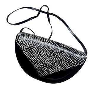 Vintage Black & White Half-Moon Shoulder Bag – Leather Croc Emboss - Made in USA